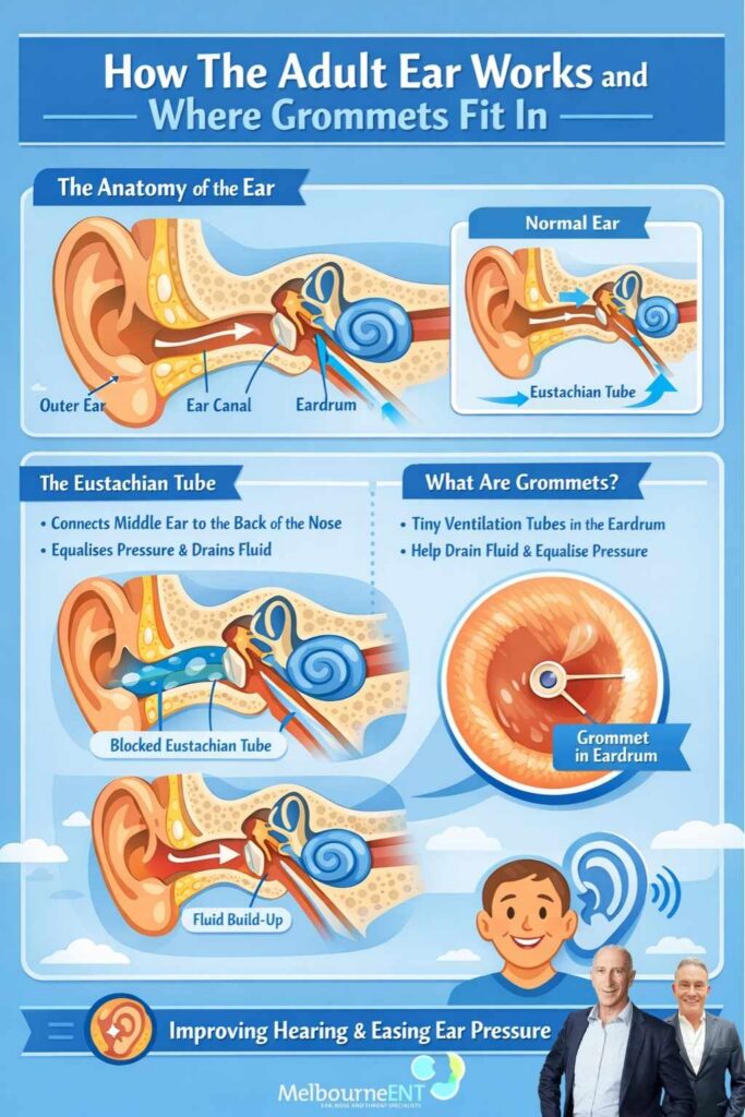 Diagram of middle ear and grommet ventilation tube - How the adult ear works and where grommets fit in
