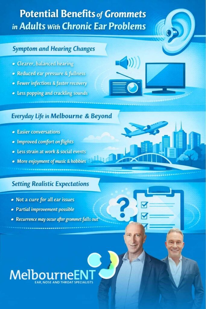 A infographics explained potential benefits of grommets in adult with chronic ear problems